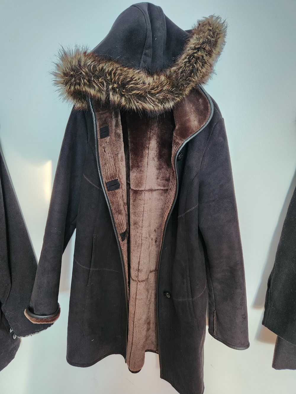 Women's Black Faux-Suede Hooded Trench with Faux-Fur Trim